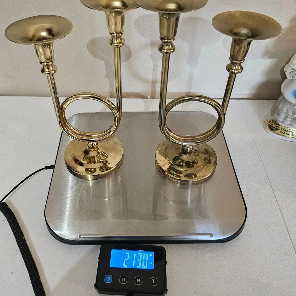 Vintage Brass French Horn Double Candle Holder Pair Gold Candelabra Music Decor